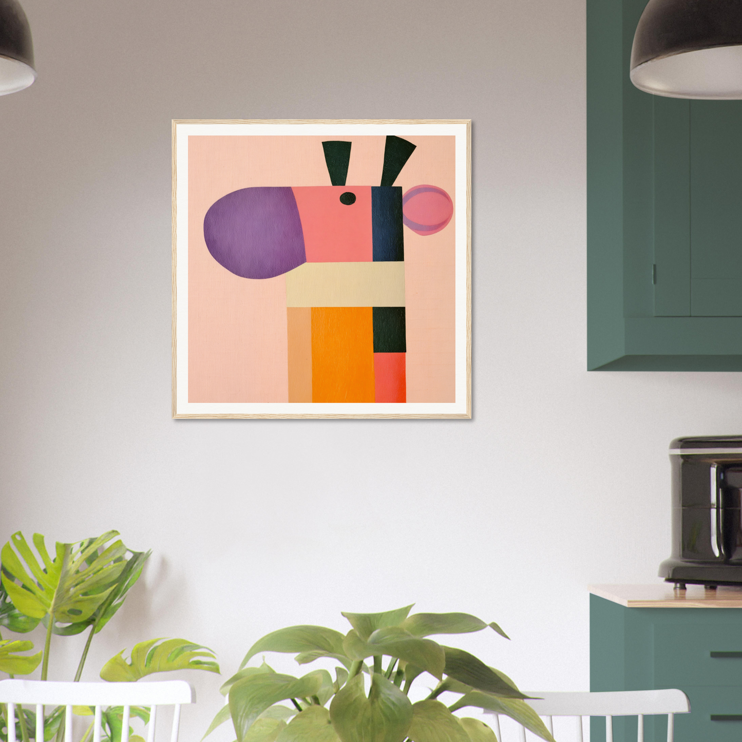 Abstract geometric artwork in pink, purple, orange, and black for Giraffe’s Geometric Reverie