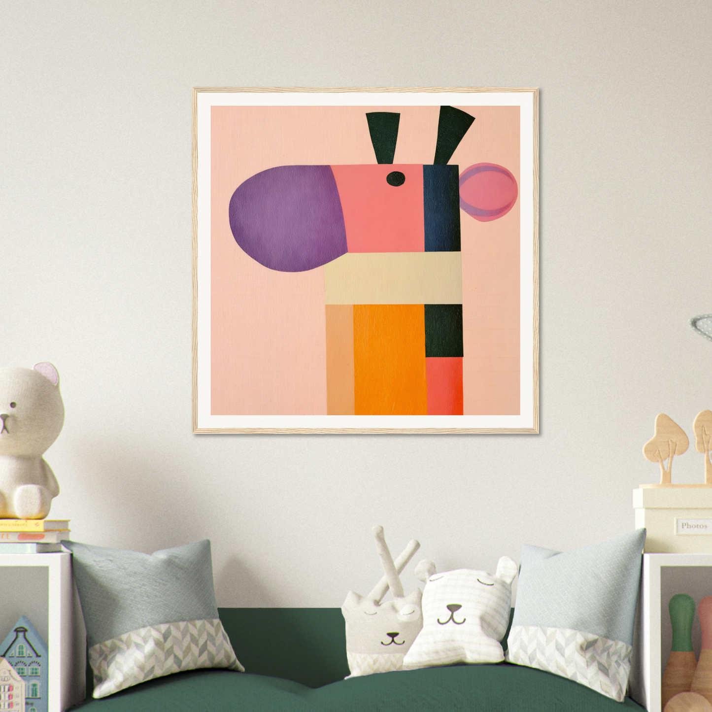 Abstract geometric art print in purple, pink, orange, and black for Giraffe’s Geometric Reverie