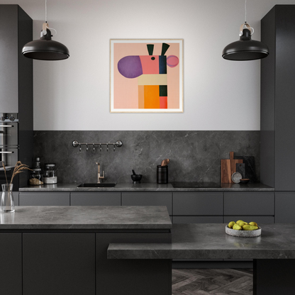 Modern dark kitchen featuring Giraffe’s Geometric Reverie abstract artwork on the wall