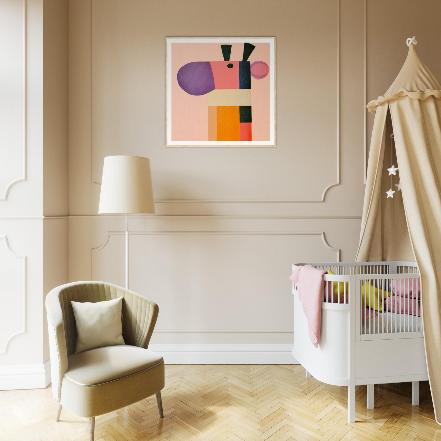 Modern nursery featuring Giraffe’s Geometric Reverie with white crib and beige canopy