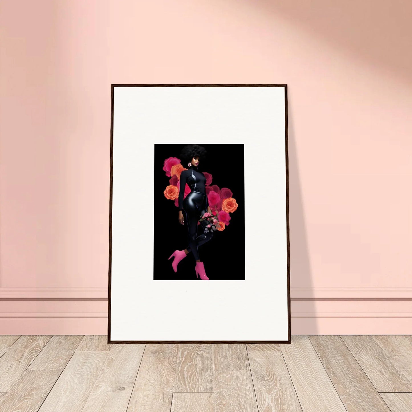 Framed wall art of abstract floral shapes in pink and purple for vibrant room decor