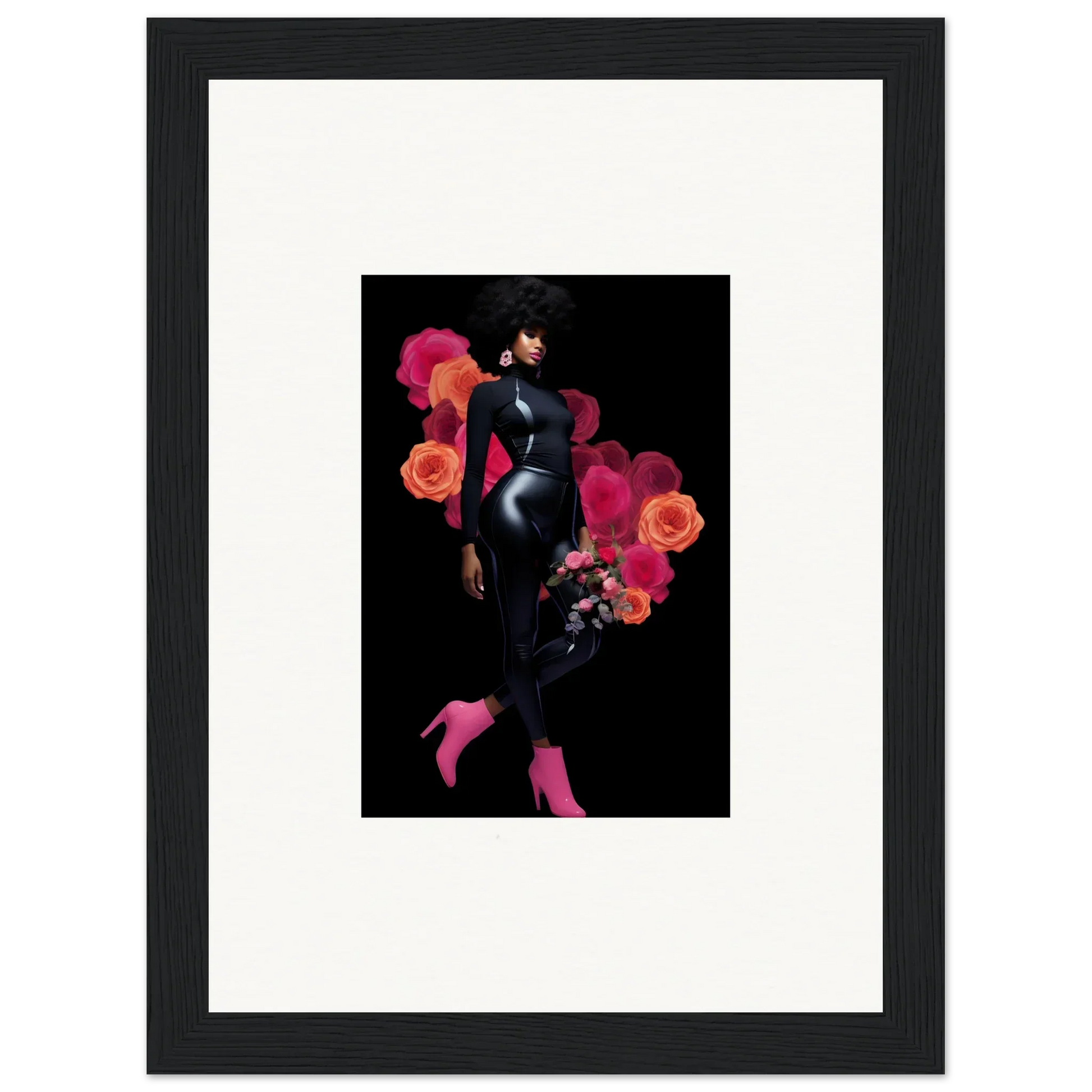 Stylized female figure framed wall art with vibrant florals for elegant room decor