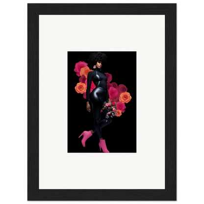 Stylized female figure framed wall art with vibrant florals for elegant room decor