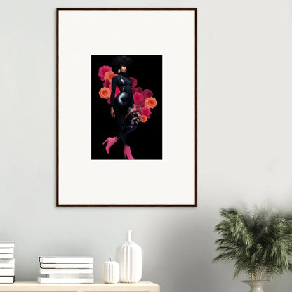 Framed wall art of a stylized figure with red and pink flowers for stylish room decor