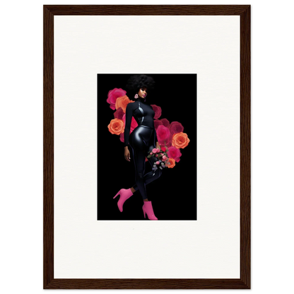 Framed wall art of a stylized female figure with floral elements for room decor