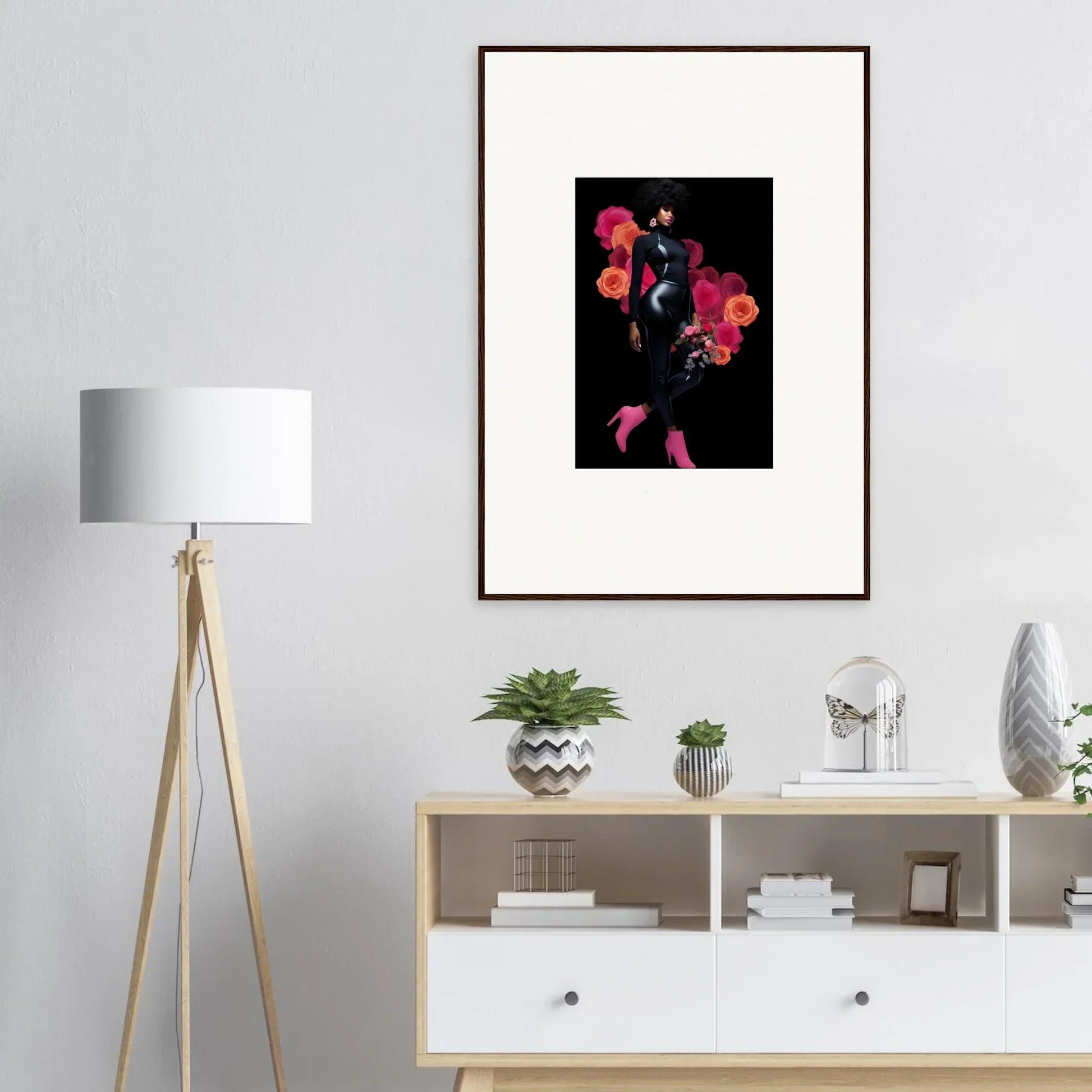 Framed wall art featuring vibrant pink and red shapes for stylish room decor