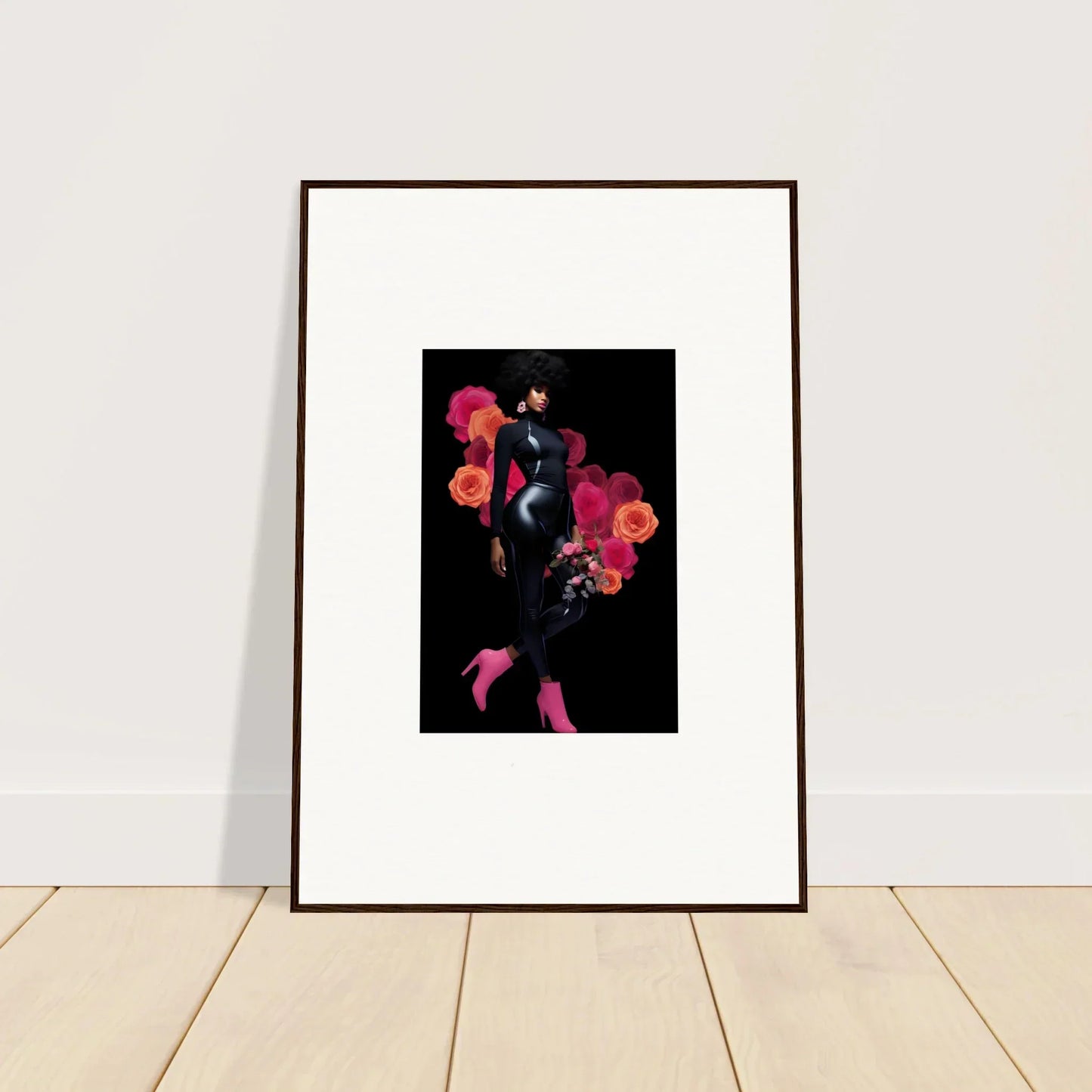 Framed wall art of a dark silhouette with pink and orange flowers for stylish room decor