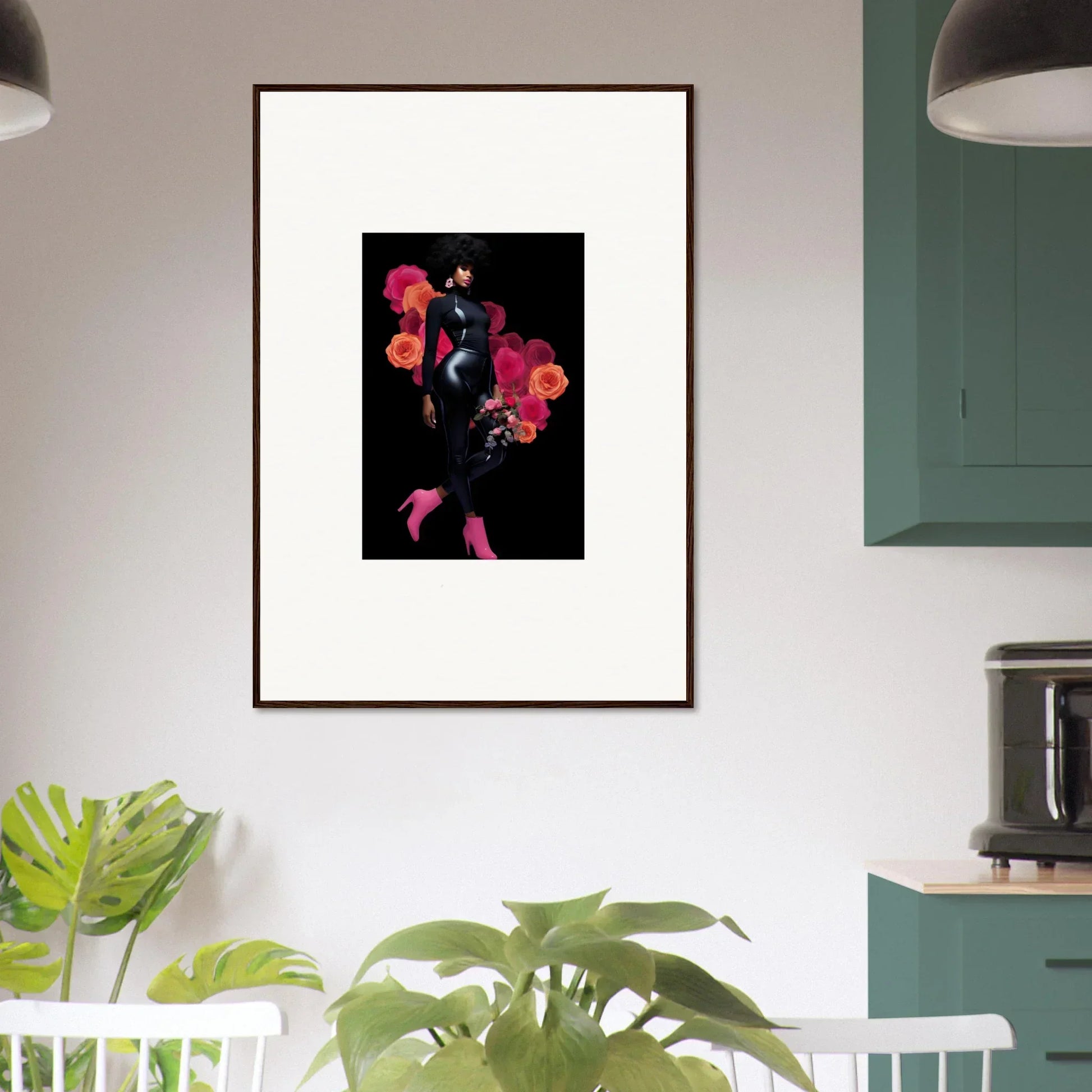 Framed wall art of a stylized figure and red flowers, perfect for room decor