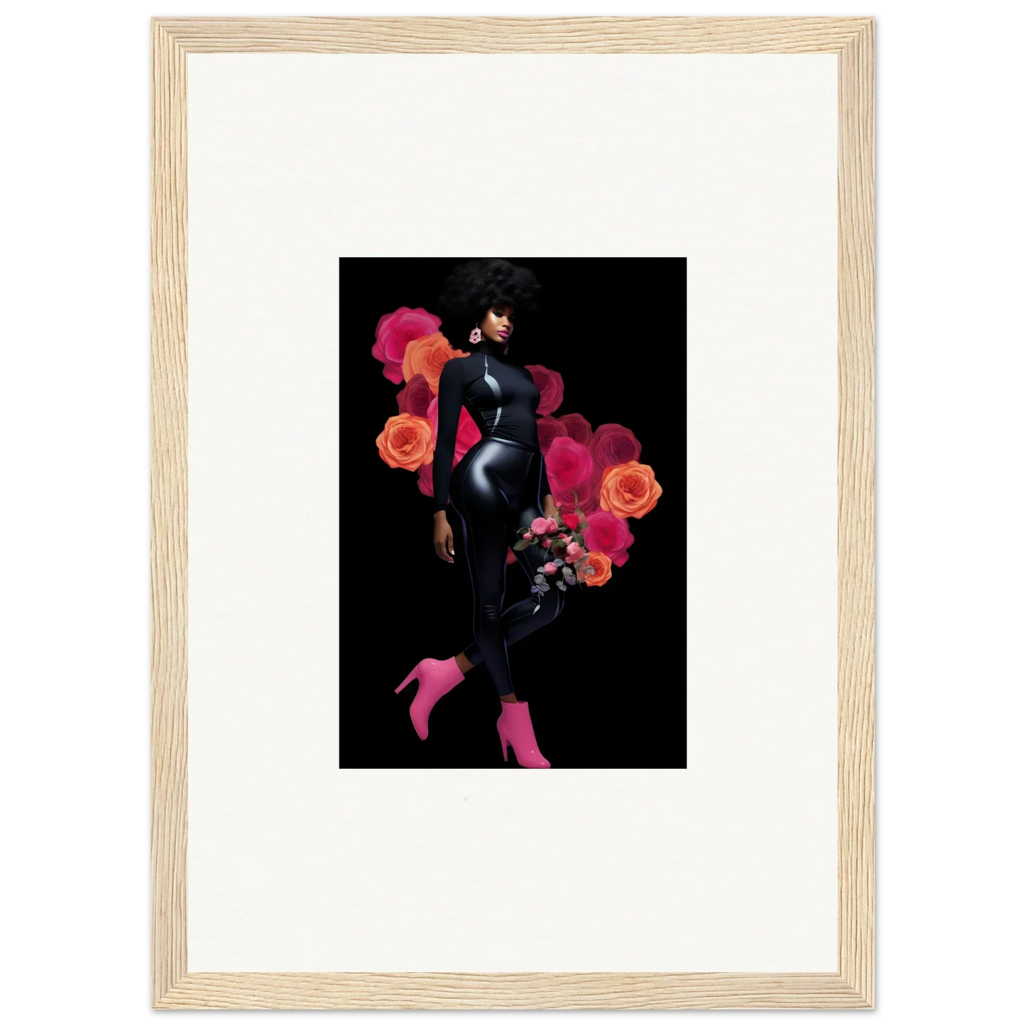 Framed wall art of a stylized female figure with floral elements for room decor