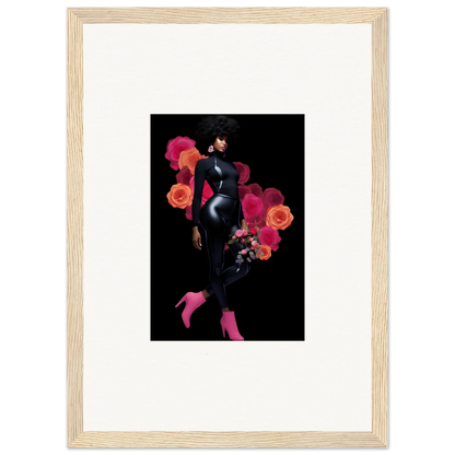 Framed wall art of a stylized female figure with floral elements for room decor