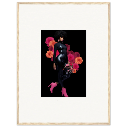 Stylized woman in black dress with pink and orange flowers as framed wall art decor