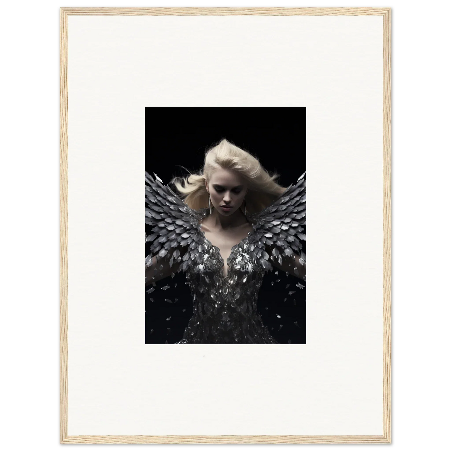 Dramatic woman with dark feathered wings in Glimmer Phantom Reverie framed wall art