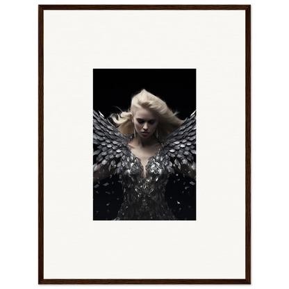 Framed wall art of a woman with dark wings for elegant room decor, Phantom Reverie