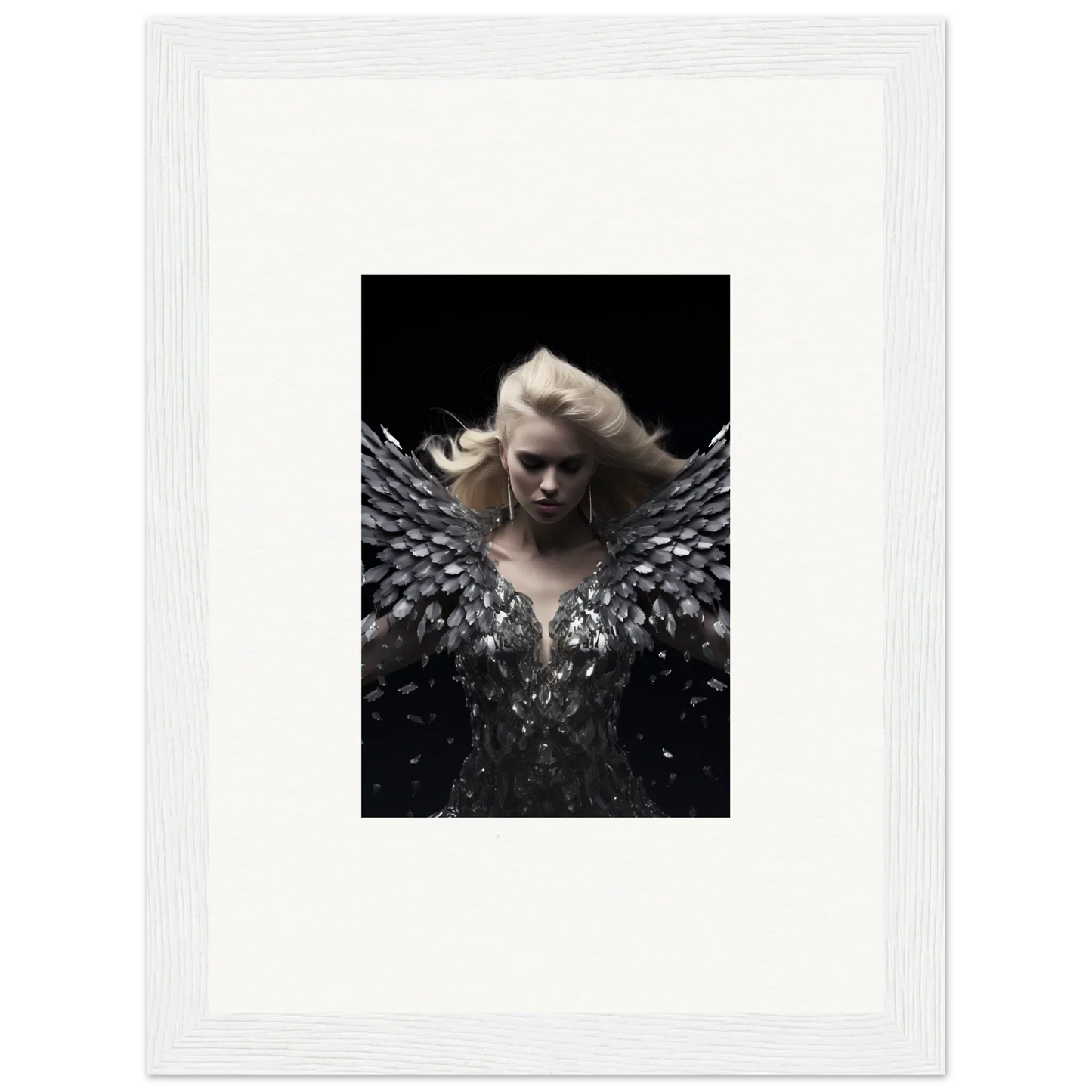 Framed wall art of Glimmer Phantom Reverie featuring a figure with feathered wings