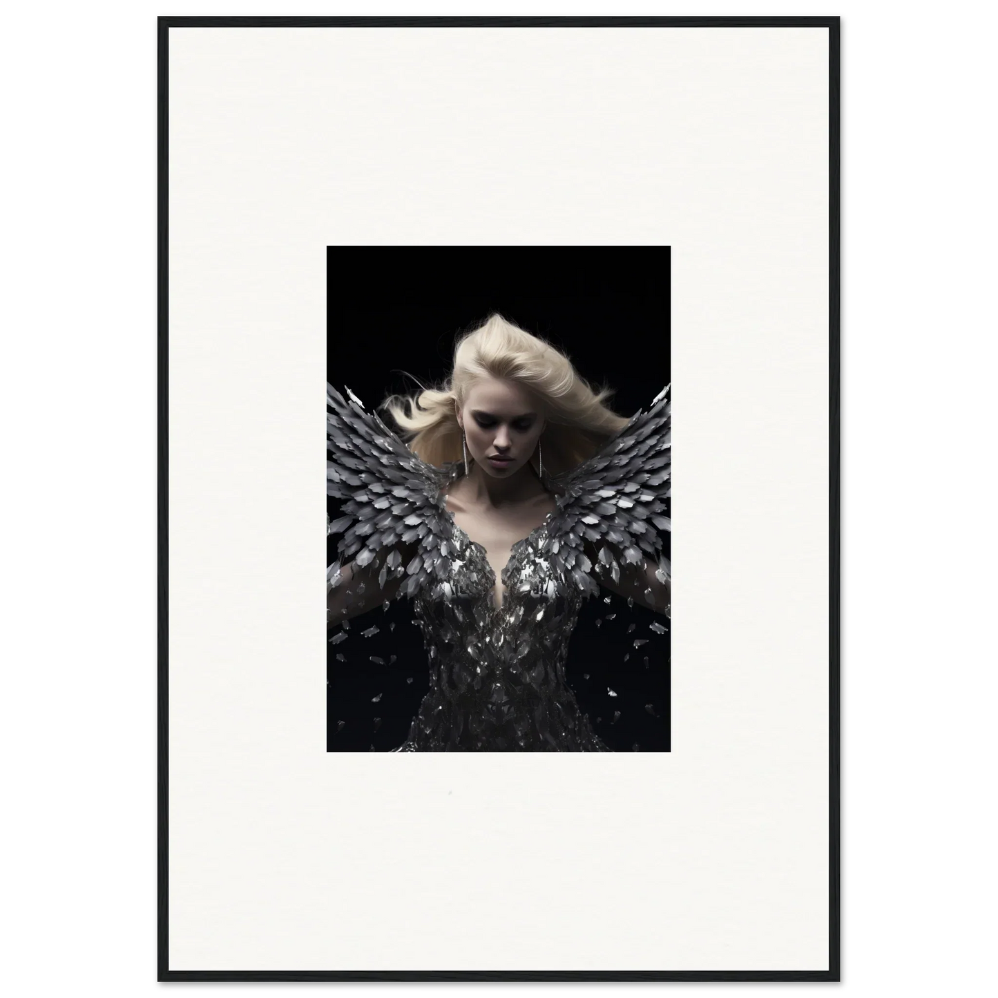 Dramatic portrait of a figure with gray wings for Phantom Reverie room decor wall art