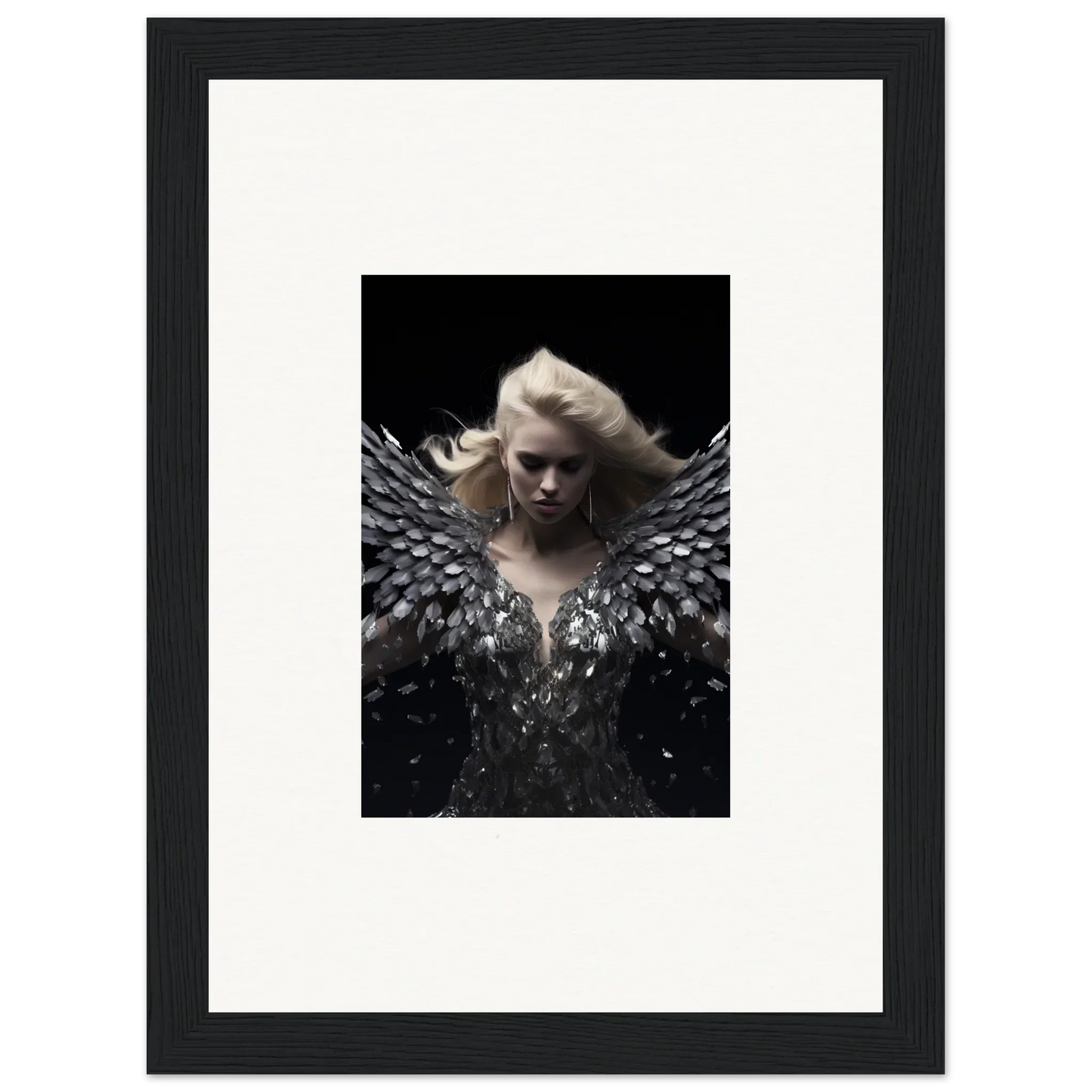 Framed wall art of a figure with feathered wings, perfect for Phantom Reverie room decor