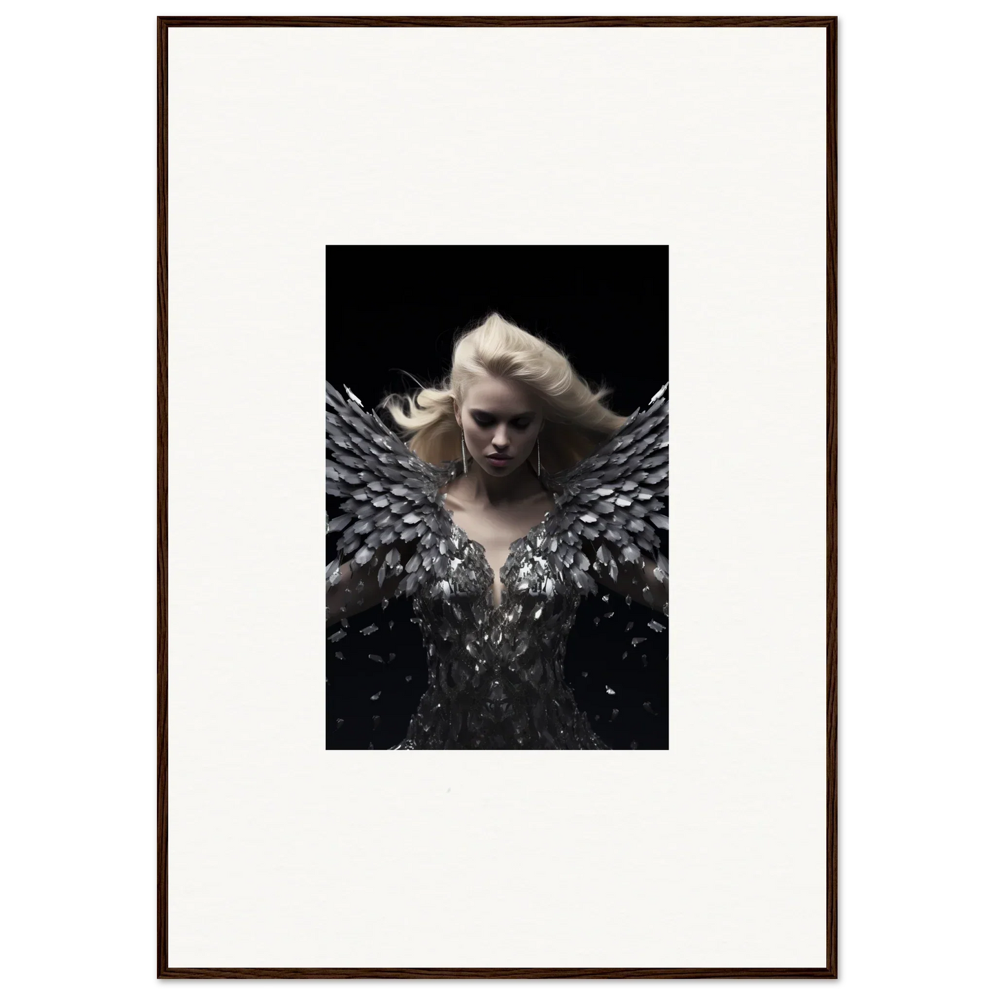 Framed wall art of a person with dramatic dark wings in Phantom Reverie decor