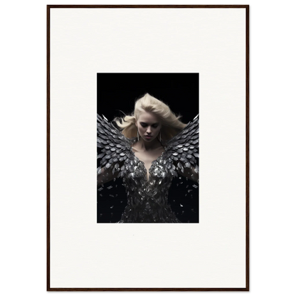 Framed wall art of a person with dramatic dark wings in Phantom Reverie decor