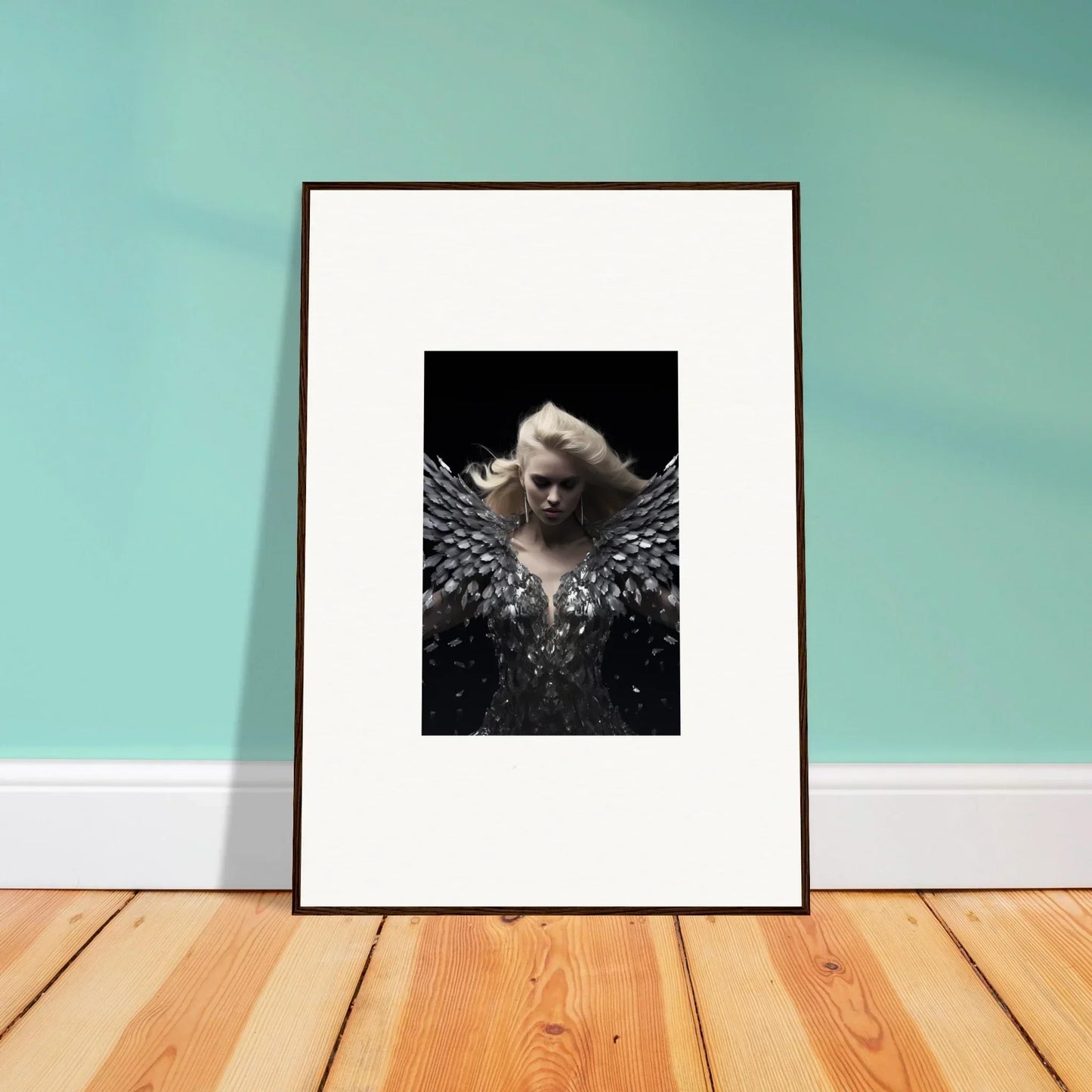 Framed black and white person with feathered wings for Phantom Reverie room decor