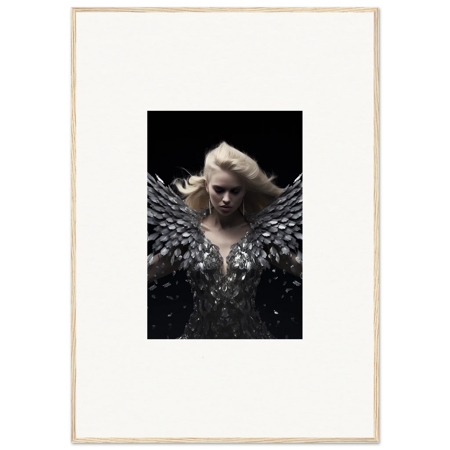 Dramatic portrait of a figure with feathered wings for Phantom Reverie framed wall art