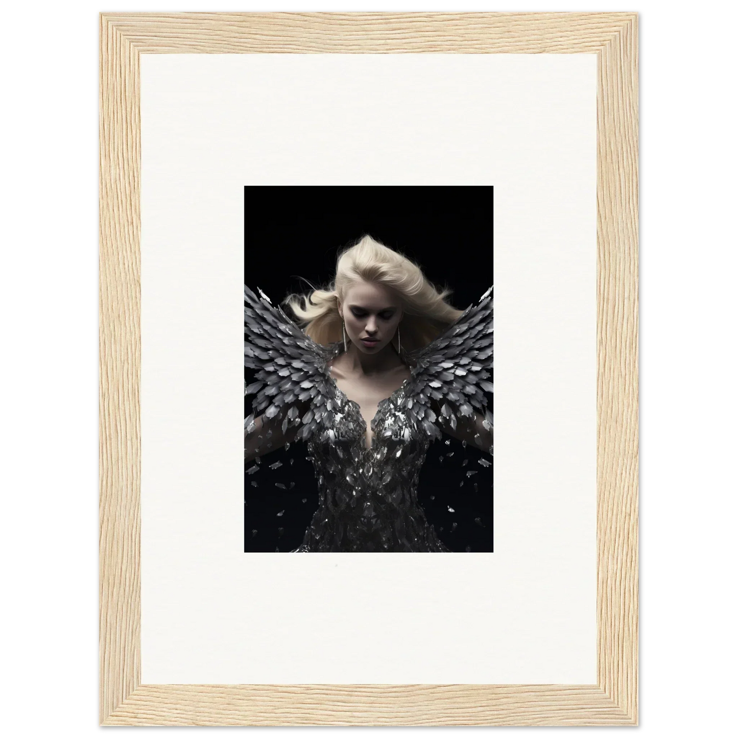 Framed wall art of a figure with dark wings, ideal for Phantom Reverie room decor