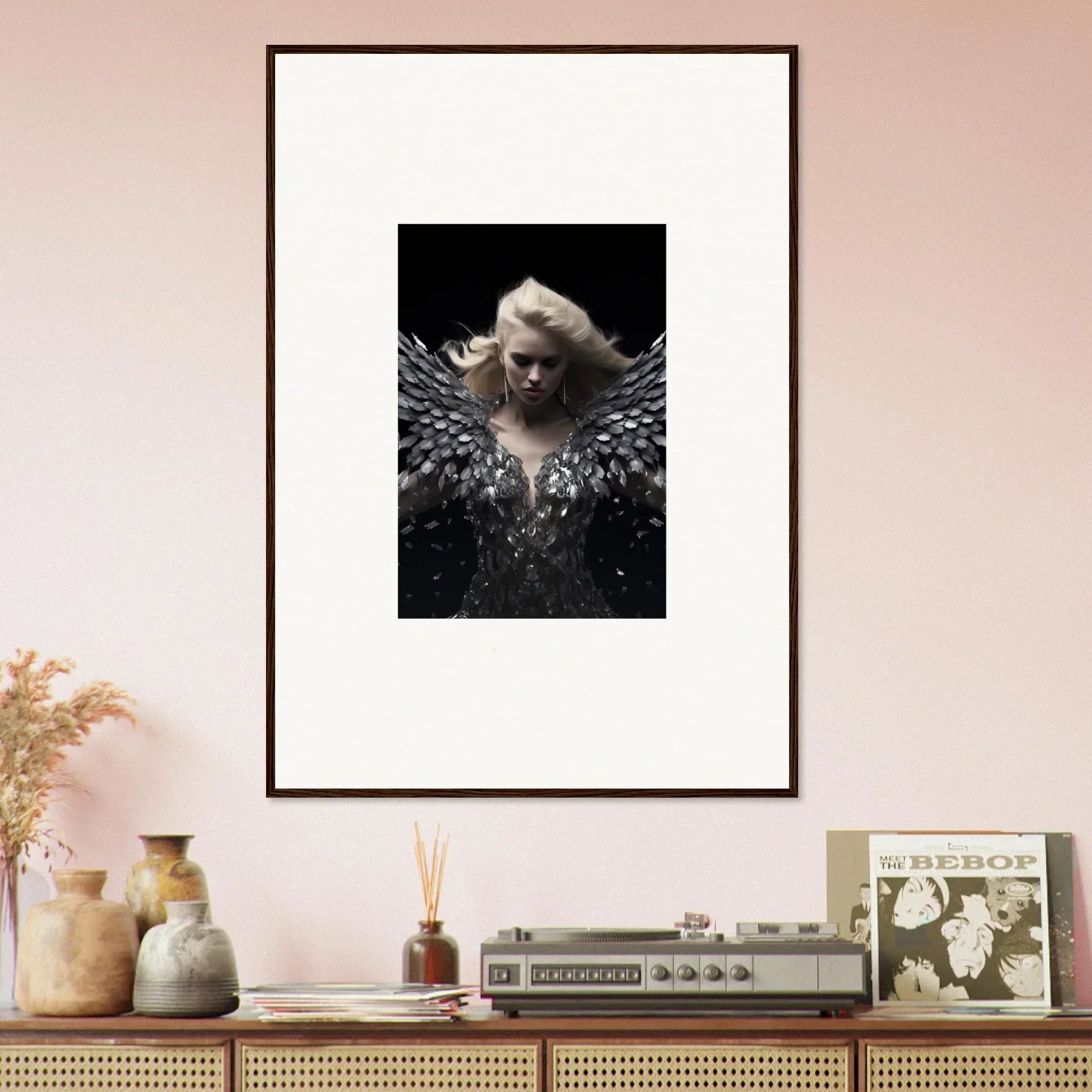 Framed black and white photograph of a woman with feathered wings for Phantom Reverie room decor