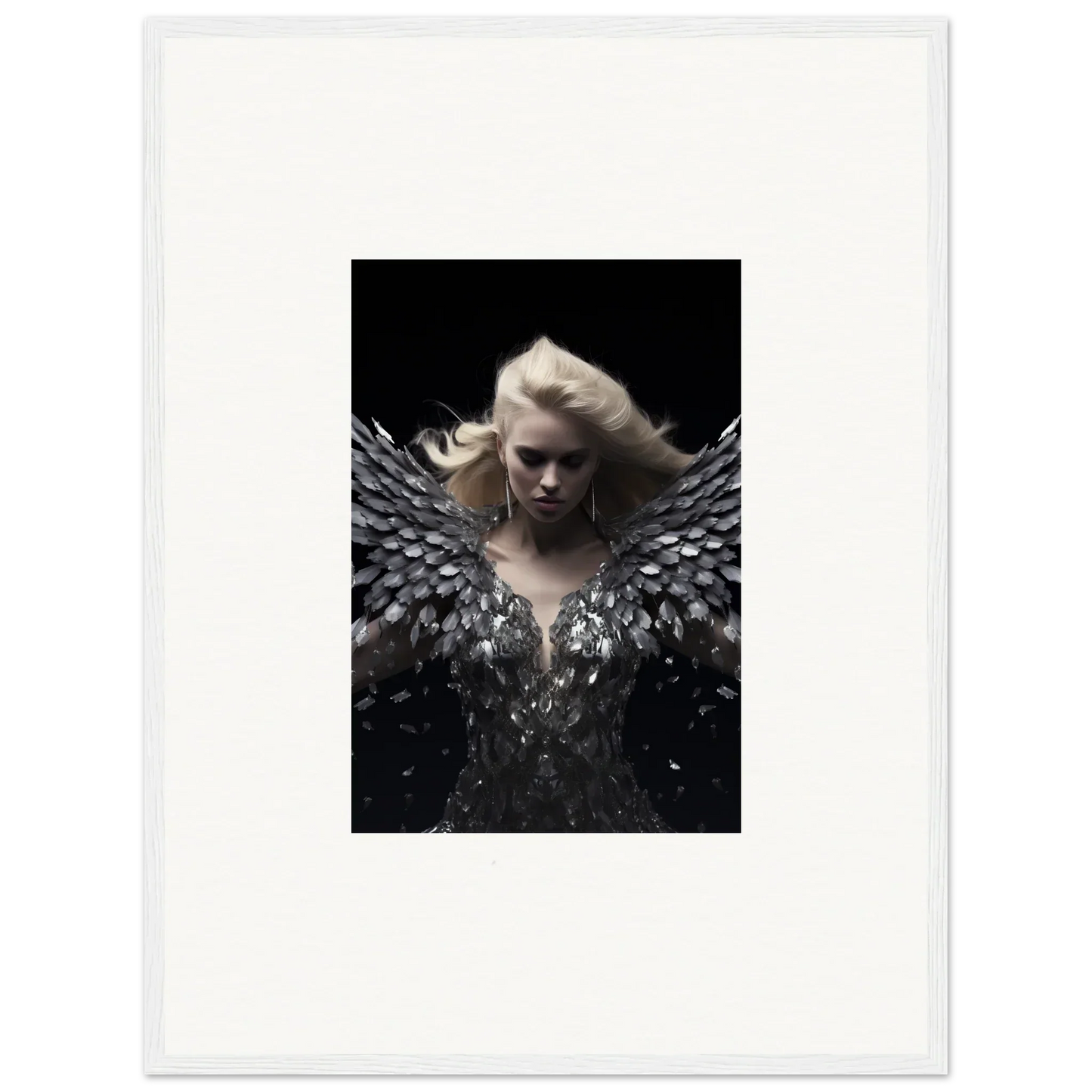 Dramatic portrait of a figure with feathered wings for Phantom Reverie wall art decor