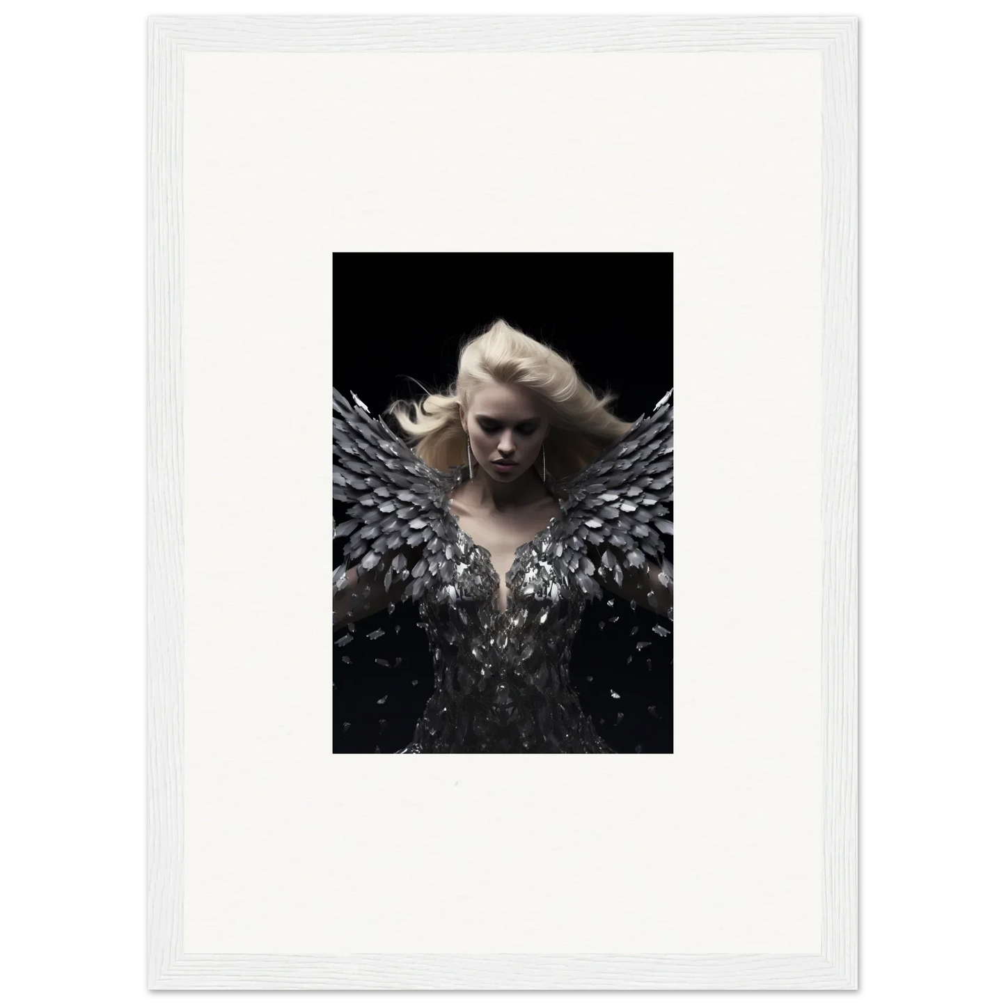 Framed wall art of a figure with black wings for elegant room decor, Phantom Reverie