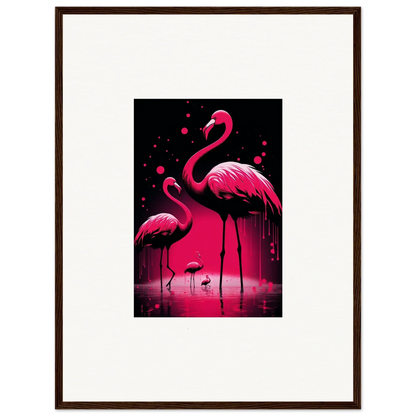 Vibrant pink flamingos in water adding a pop to your room with this canvas print of Feather Wanderers