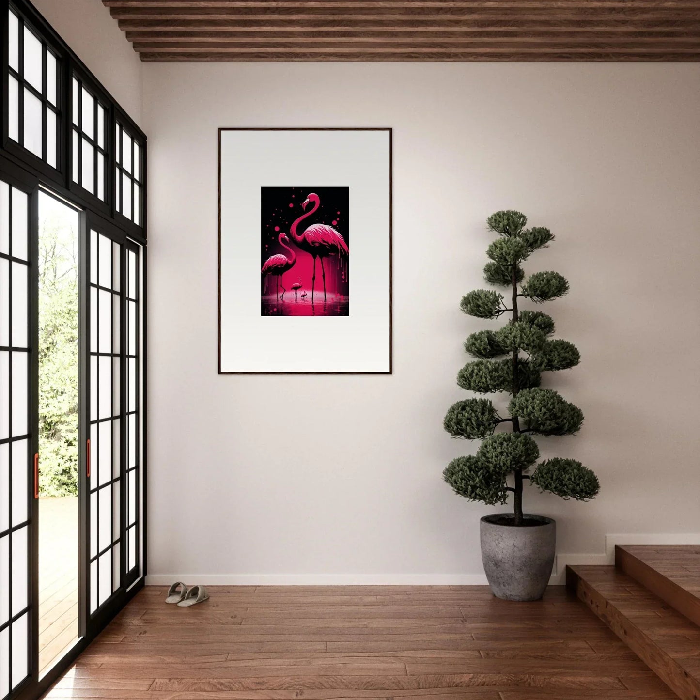 Framed canvas print of pink flamingos for stylish room decoration featuring Feather Wanderers