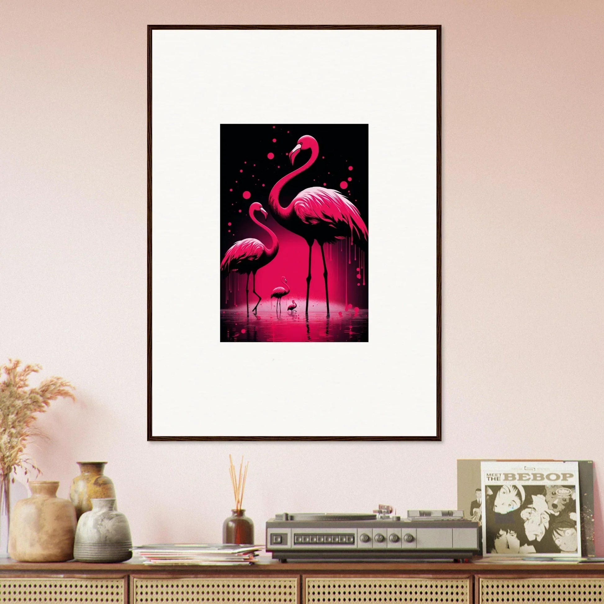 Framed canvas print of vibrant pink feather wanderers for stylish room decoration