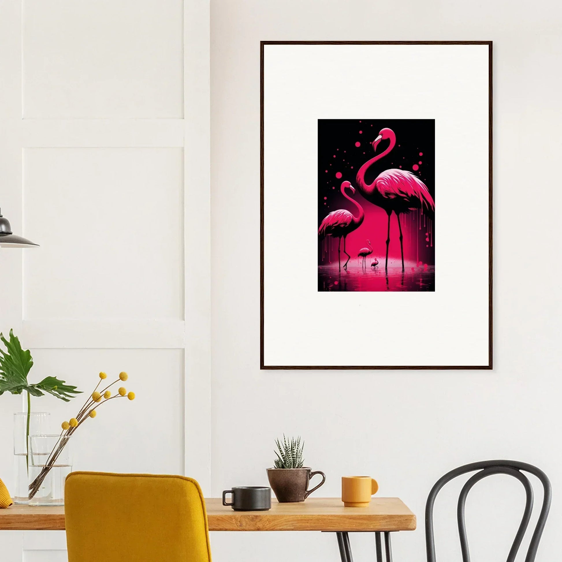 Framed canvas print of glowing feather wanderers with pink flamingos for room decoration