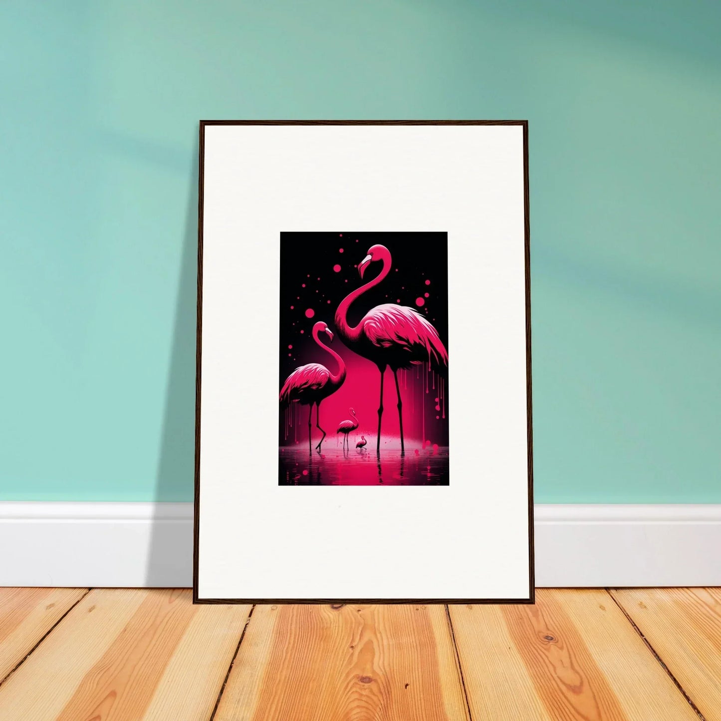 Colorful canvas print of feather wanderers featuring pink flamingos, perfect for room decoration