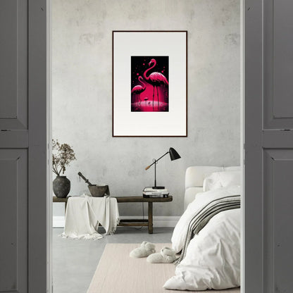 Framed canvas print of pink flamingos, perfect for feather wanderers room decoration