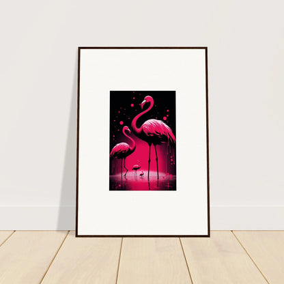 Framed canvas print of vibrant pink flamingos for fun room decoration, Feather Wanderers