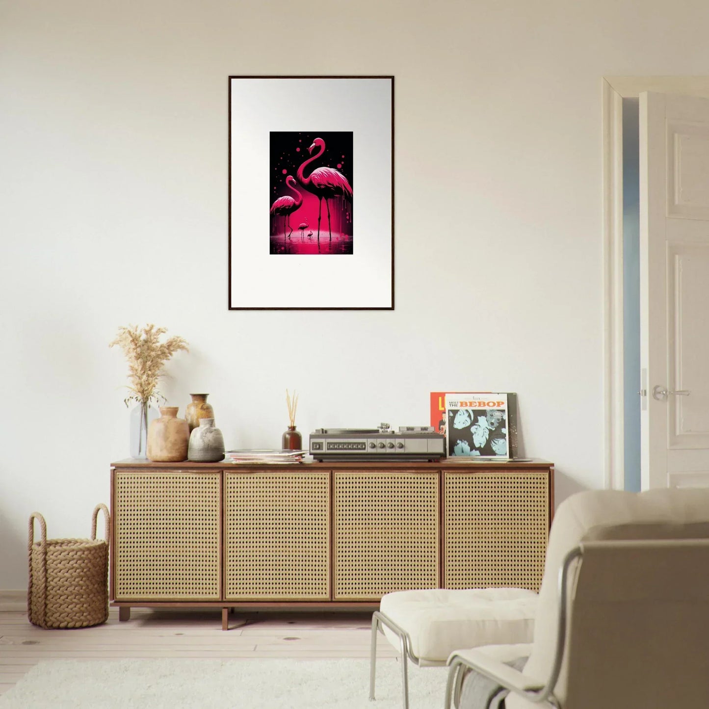 Wooden sideboard with cane doors under a Flamingo canvas print for chic room decoration