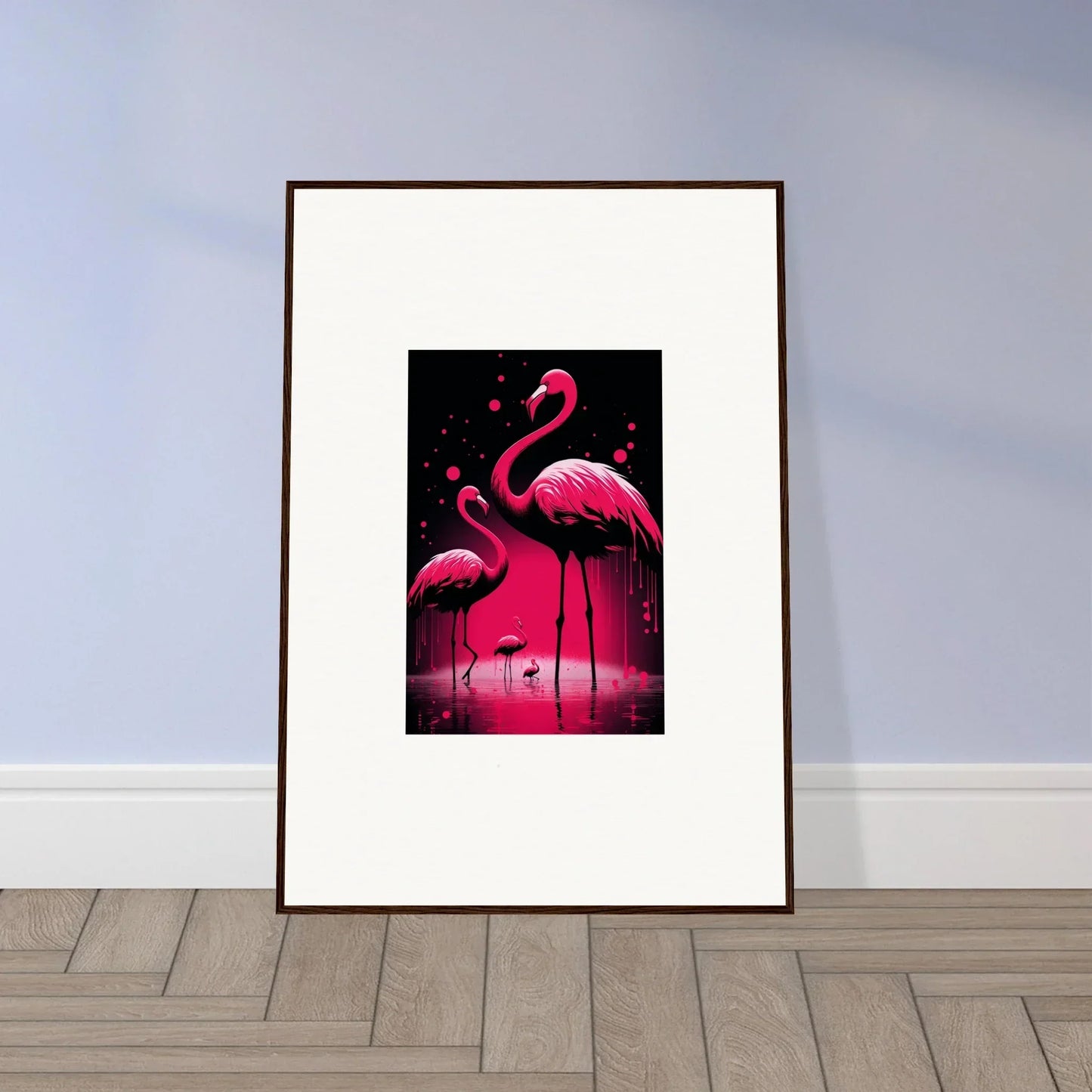 Framed canvas print of feather wanderers with vibrant pink flamingos for room decoration