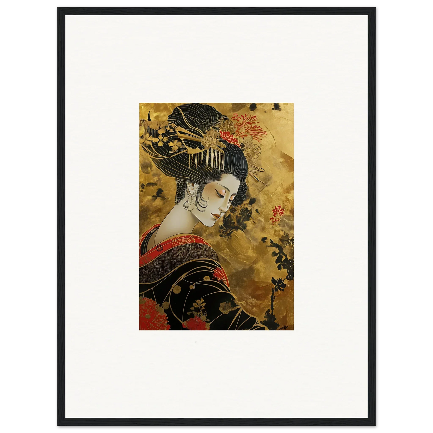 Traditional Japanese geisha in red kimono, part of Golden Celestial Whispers art