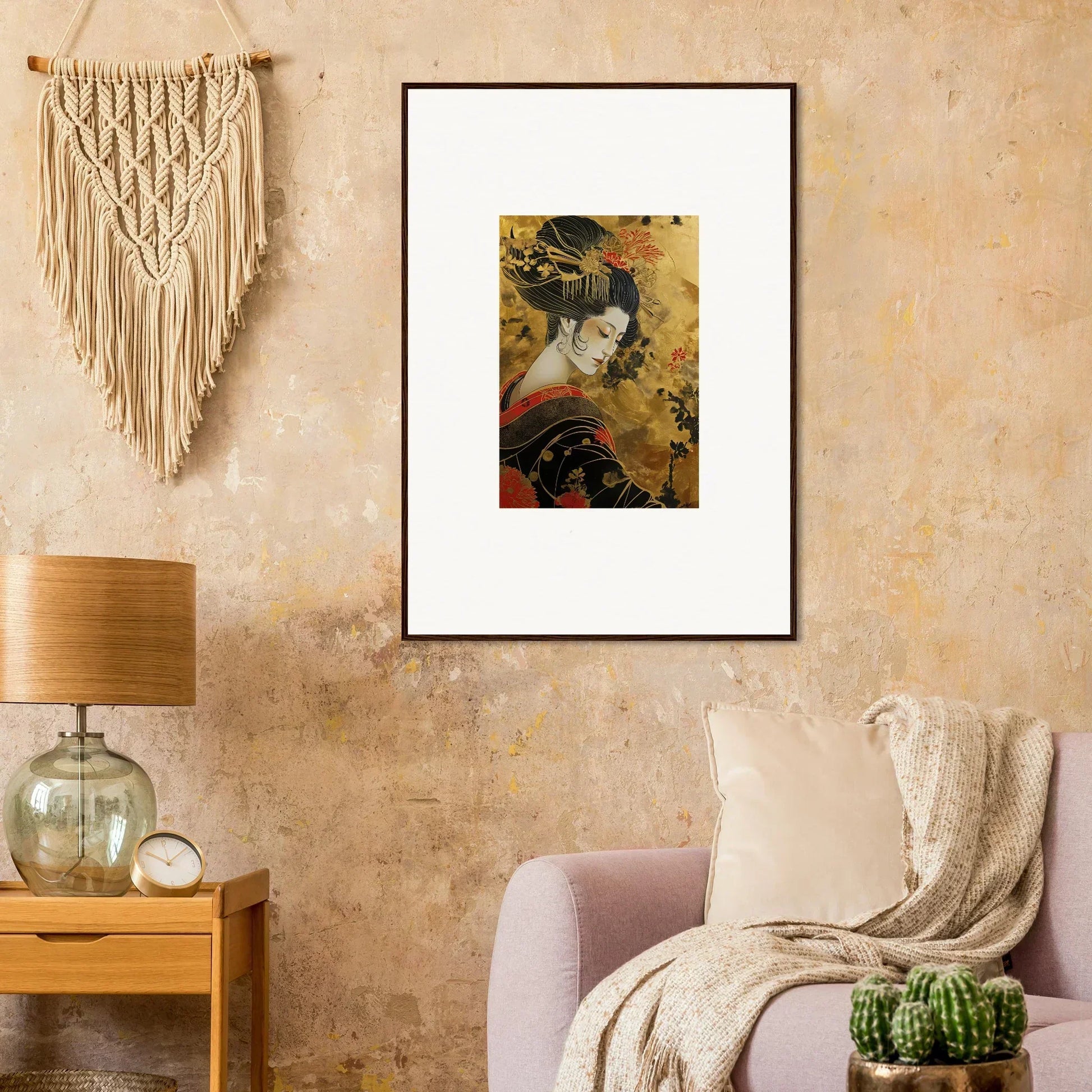 Framed Japanese geisha artwork with golden accents from Golden Celestial Whispers collection