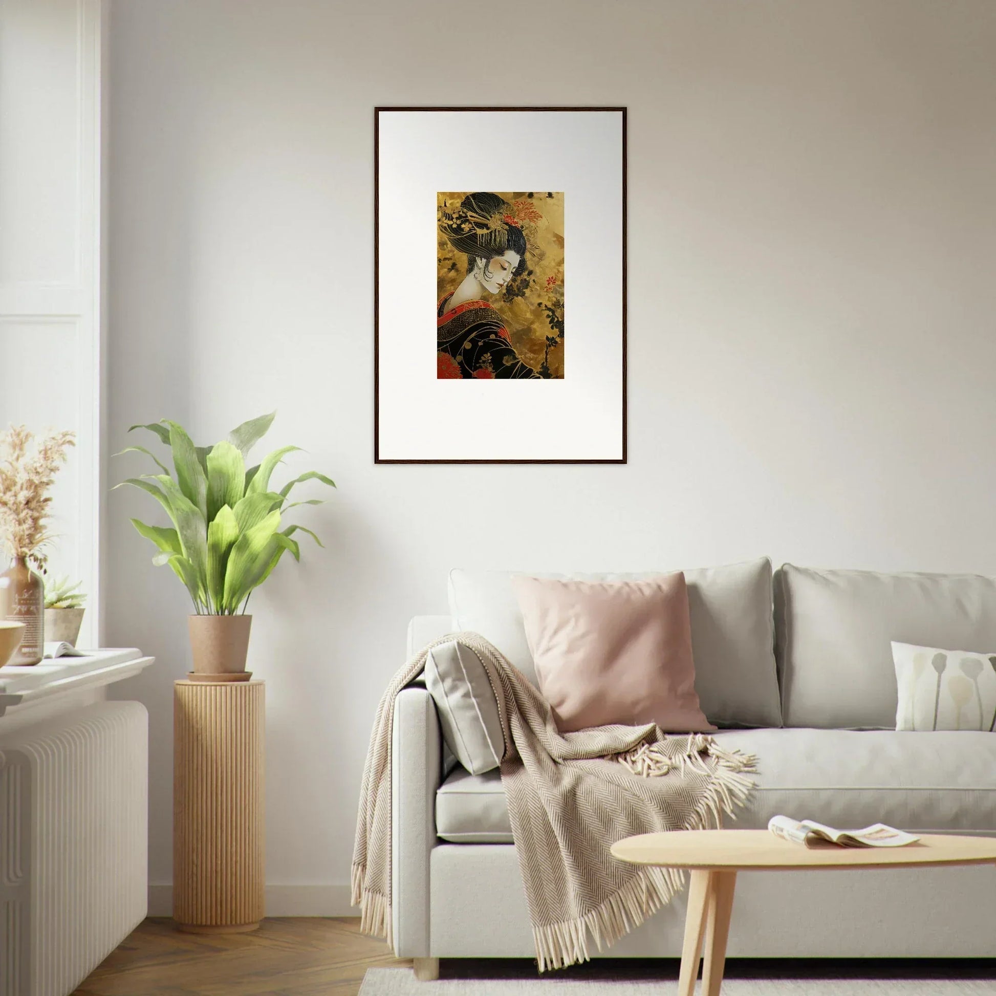 Framed Golden Celestial Whispers art print on a white wall, dark and gold tones