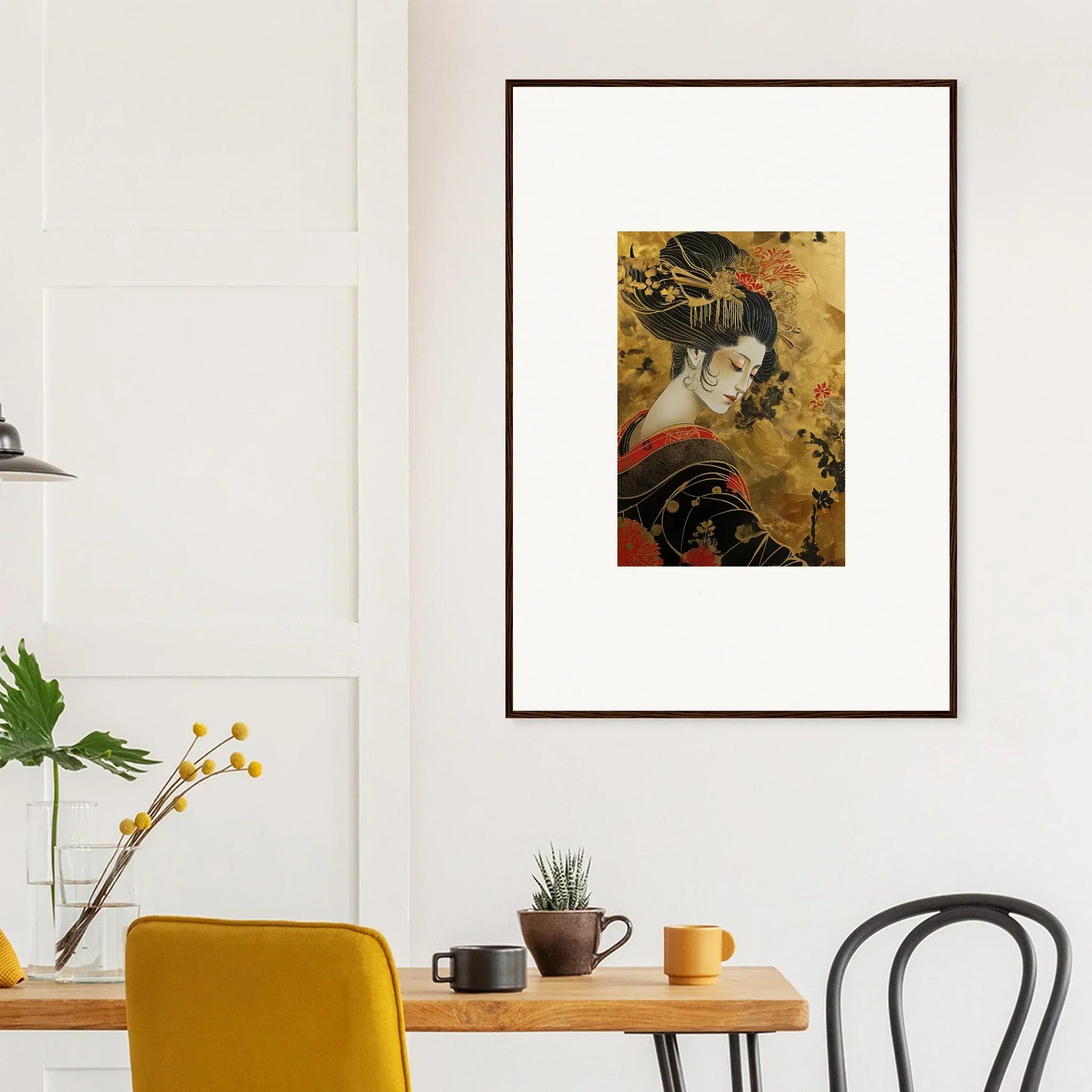 Framed Japanese Geisha artwork with gold accents in Golden Celestial Whispers collection