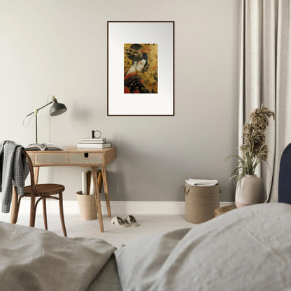 Framed Golden Celestial Whispers artwork in golden tones on a light gray wall