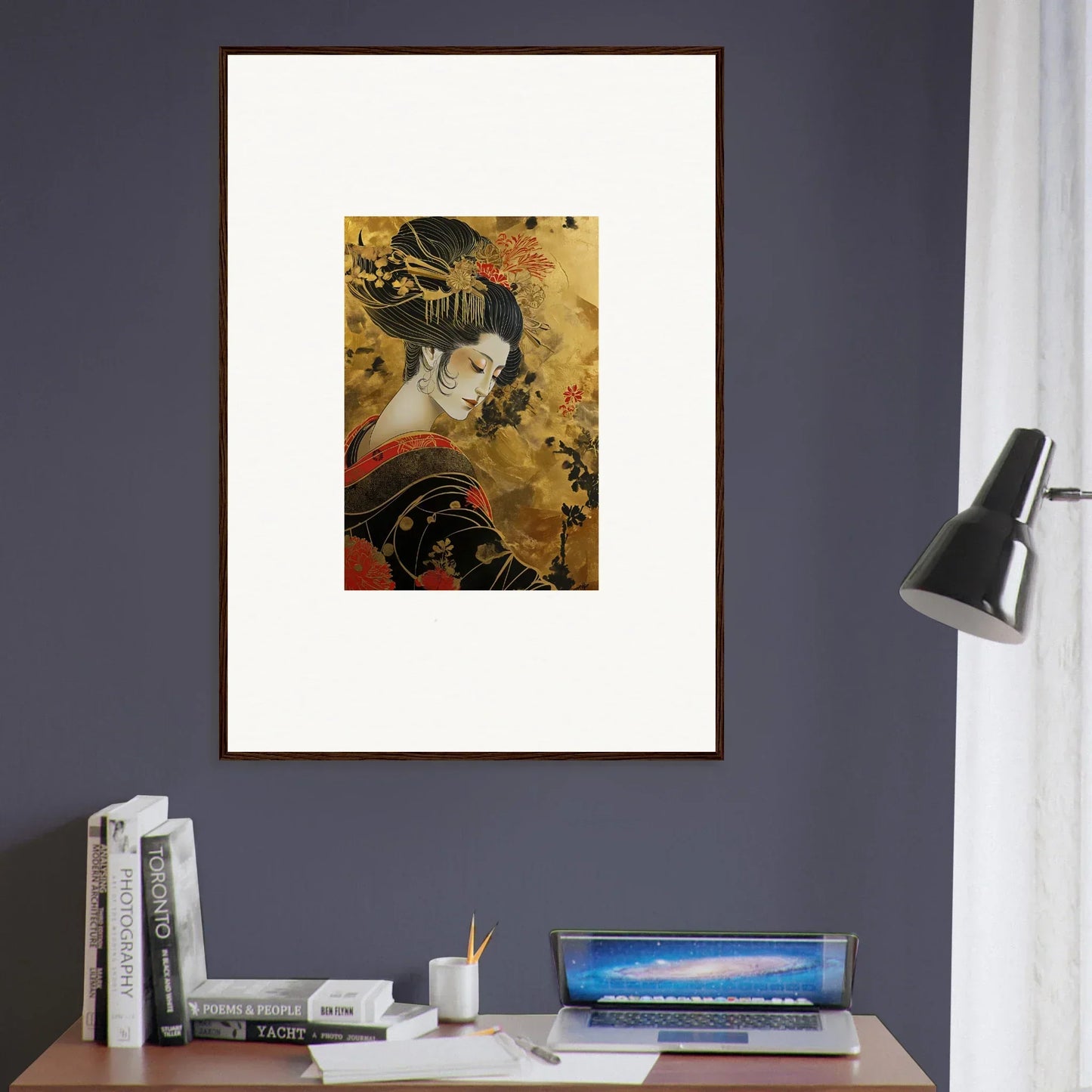 Framed Japanese geisha artwork on golden background from Golden Celestial Whispers