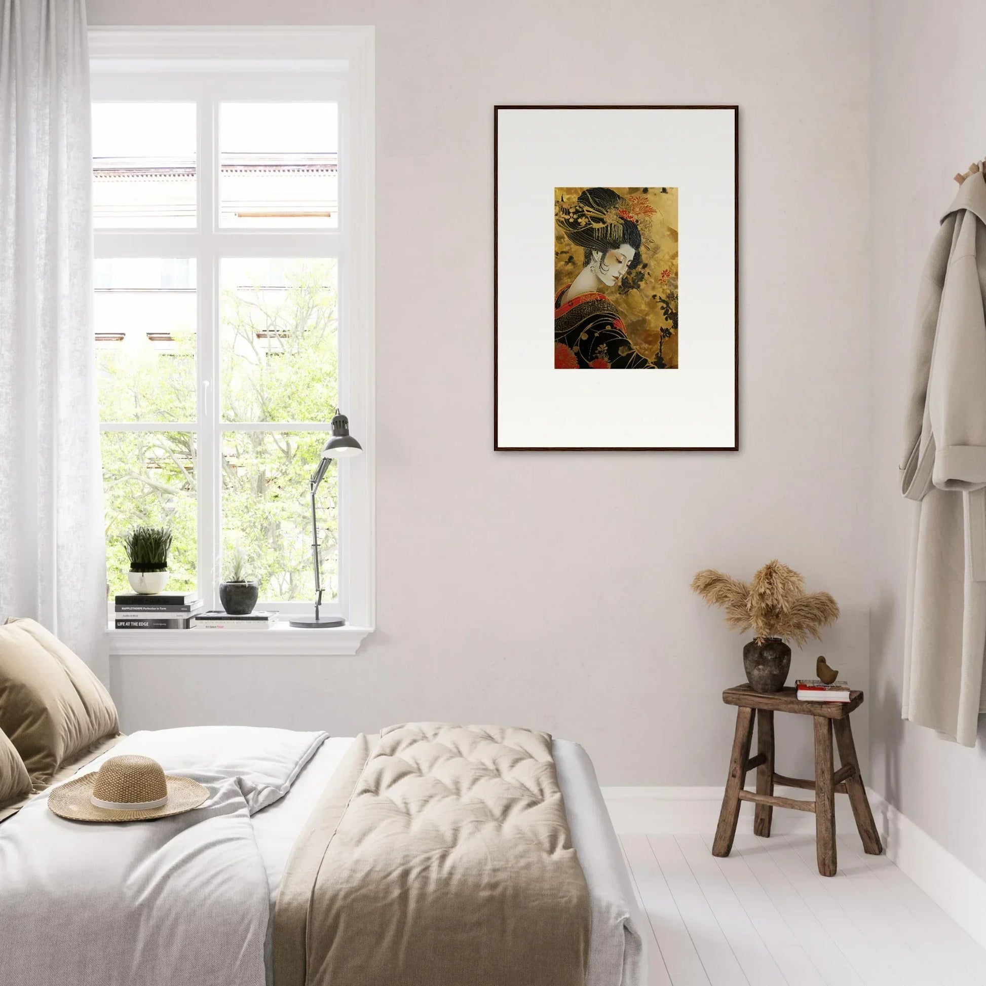 Minimalist bedroom bathed in natural light with Golden Celestial Whispers decor