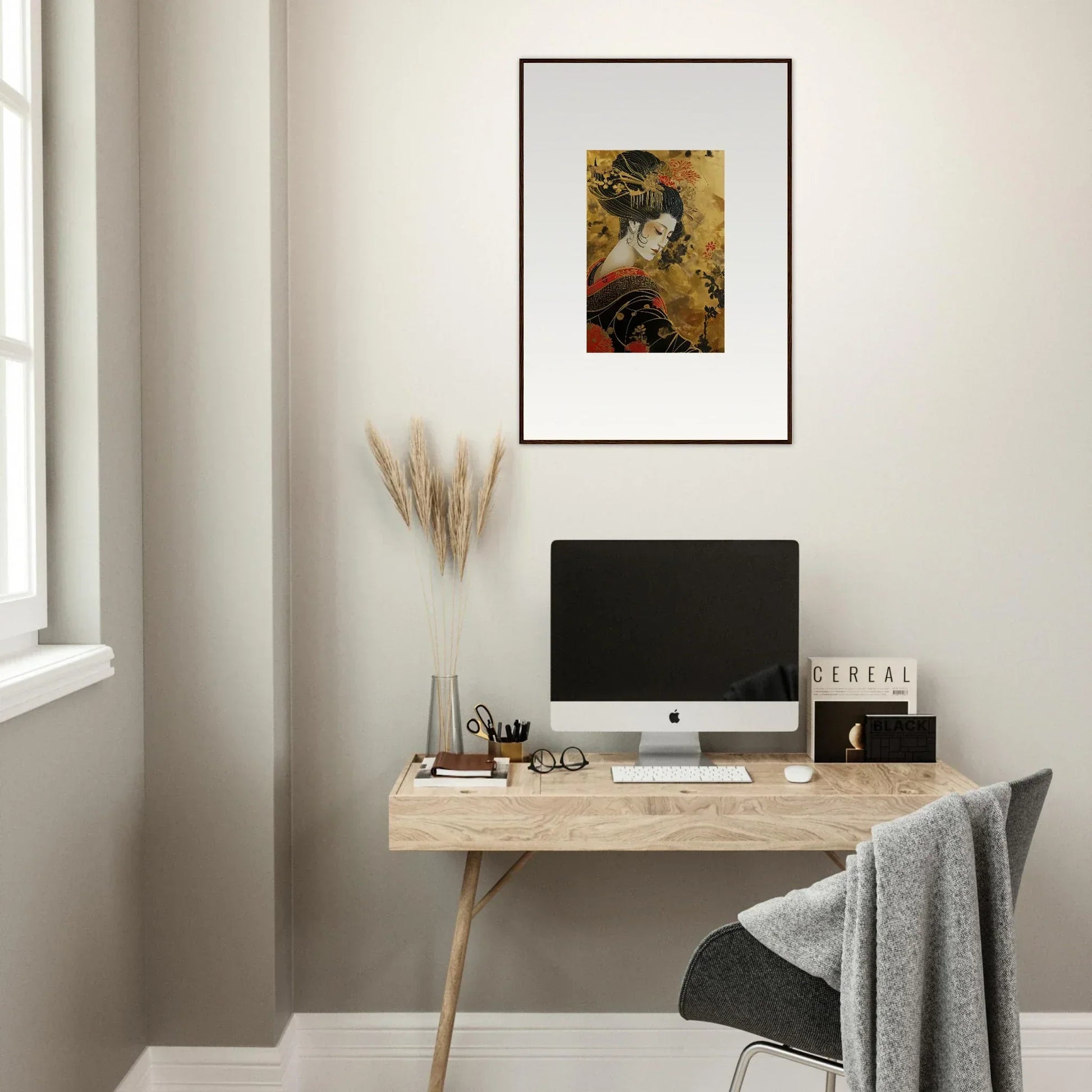 Minimalist wooden desk with iMac and pampas grass from Golden Celestial Whispers