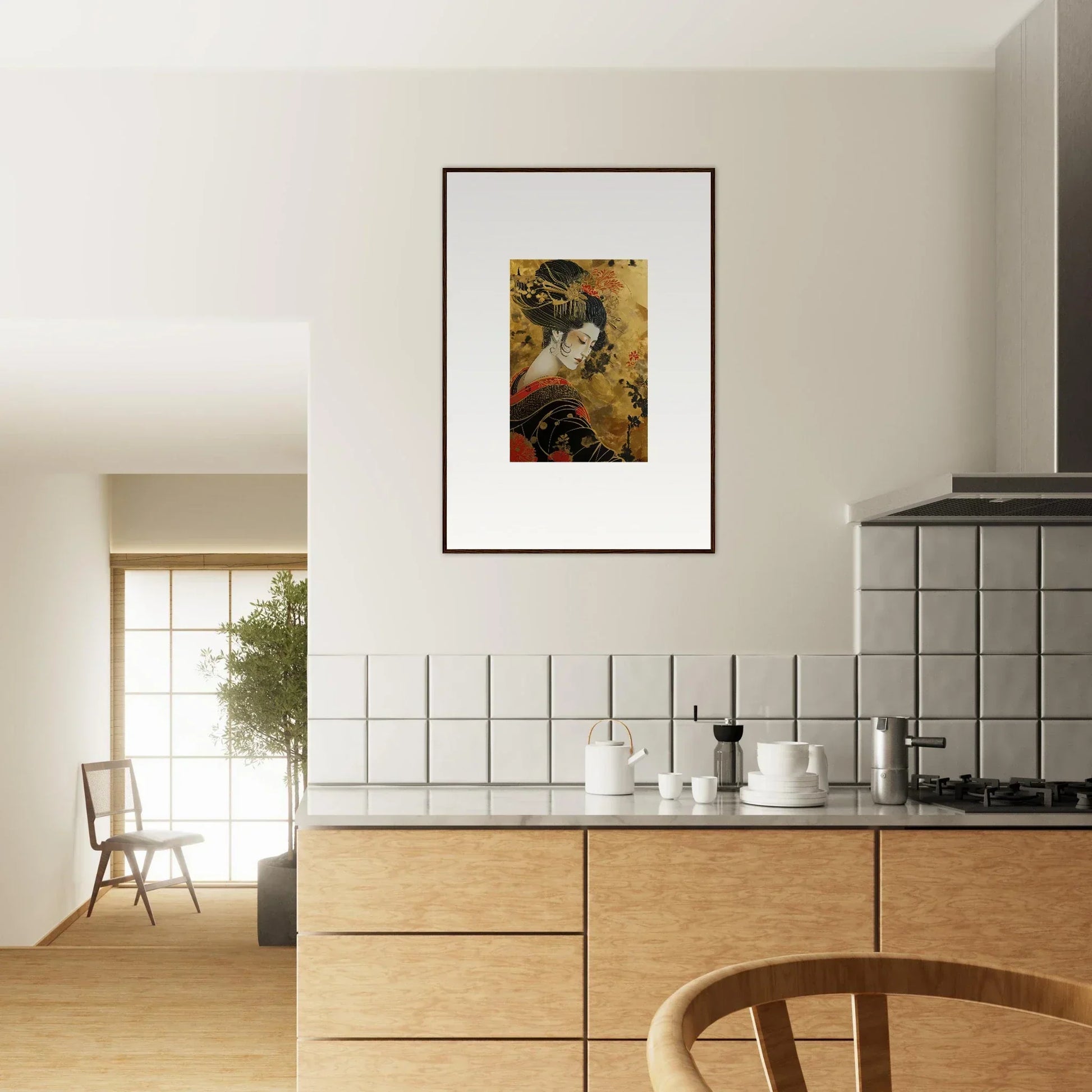 Framed Golden Celestial Whispers artwork with a dark border on a white wall