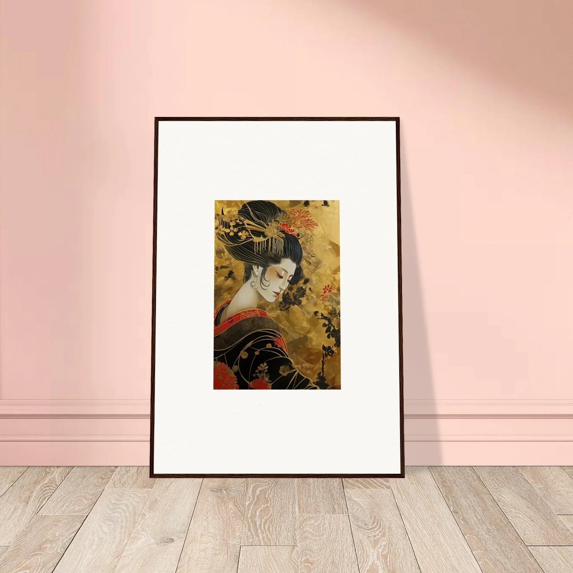 Framed Japanese Geisha artwork with ornate details from Golden Celestial Whispers collection