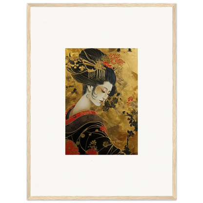 Traditional Japanese woodblock print of a geisha in a red kimono for Golden Celestial Whispers