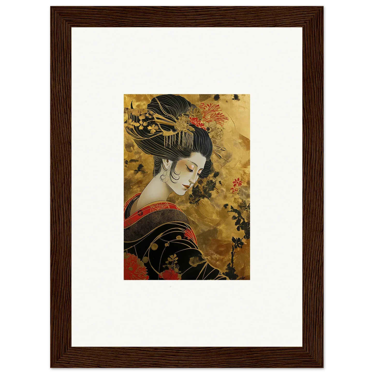 Traditional Japanese artwork of a geisha in ornate dress from Golden Celestial Whispers