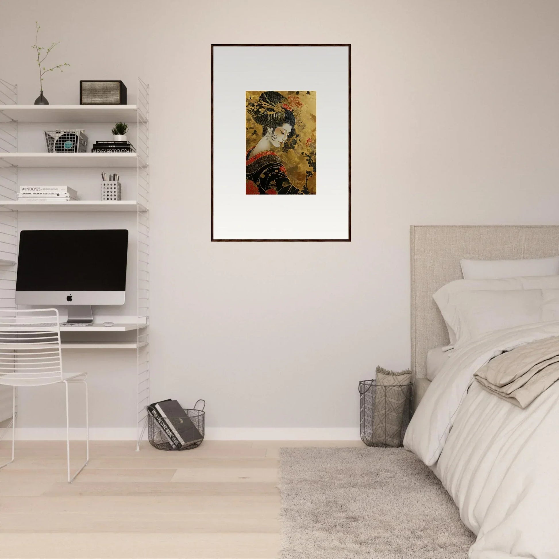 Framed Golden Celestial Whispers art print on a white wall, perfect for any space